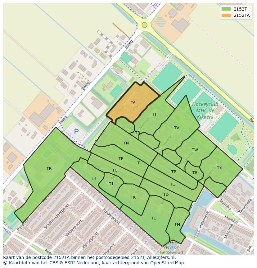 Afbeelding van het postcodegebied 2152 TA op de kaart.