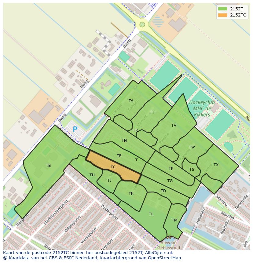 Afbeelding van het postcodegebied 2152 TC op de kaart.