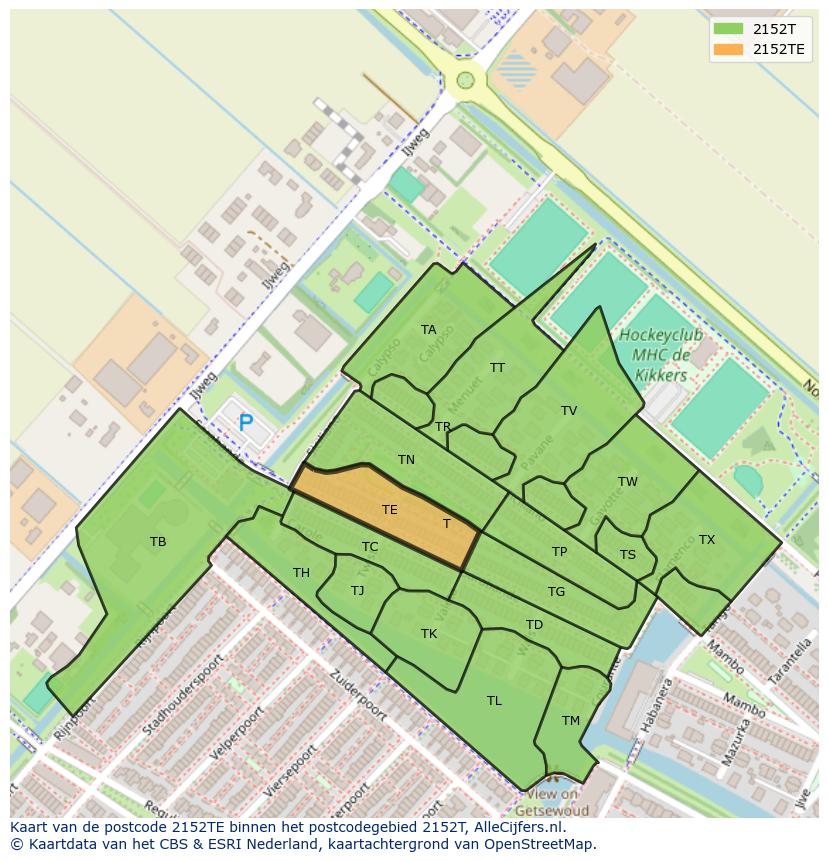 Afbeelding van het postcodegebied 2152 TE op de kaart.