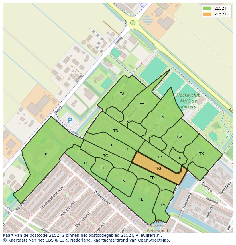 Afbeelding van het postcodegebied 2152 TG op de kaart.