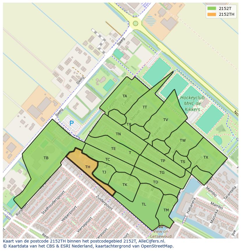 Afbeelding van het postcodegebied 2152 TH op de kaart.