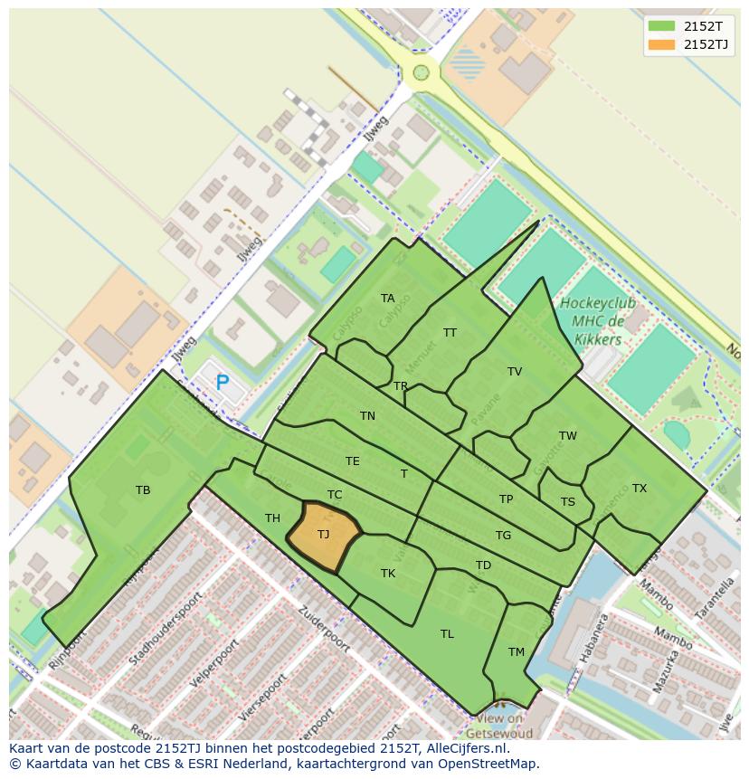 Afbeelding van het postcodegebied 2152 TJ op de kaart.