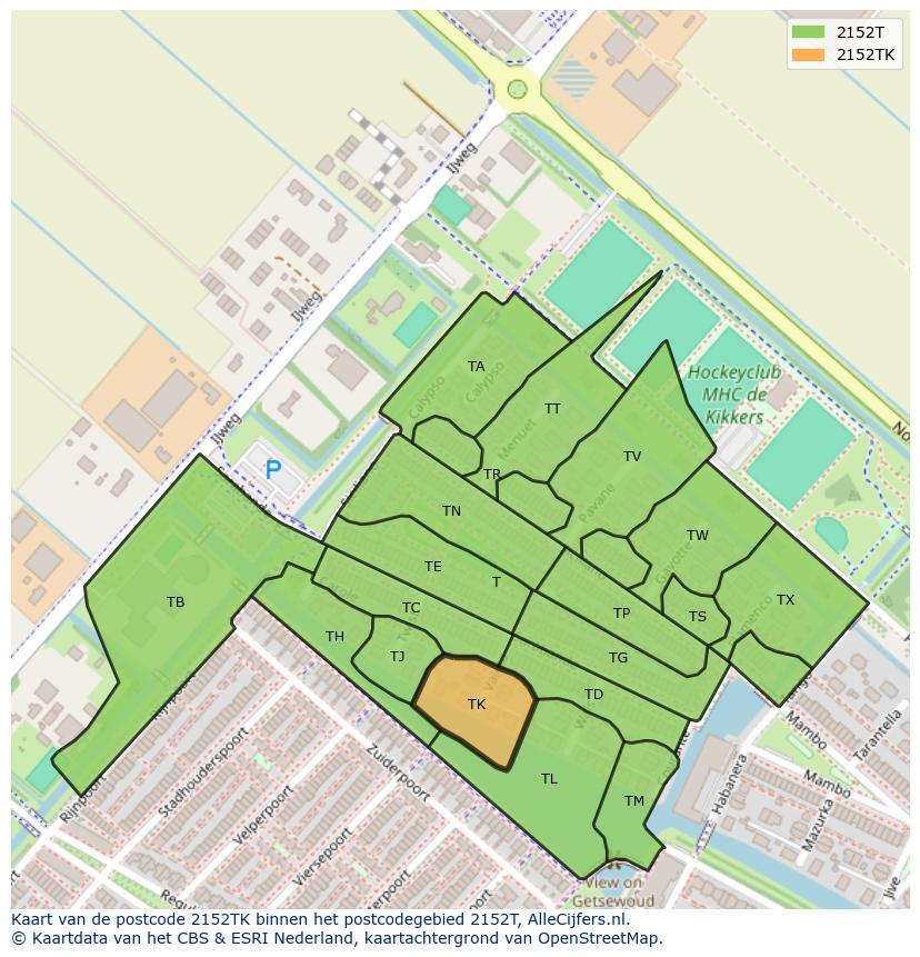 Afbeelding van het postcodegebied 2152 TK op de kaart.