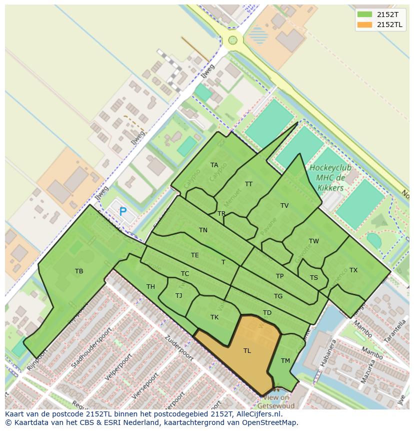 Afbeelding van het postcodegebied 2152 TL op de kaart.