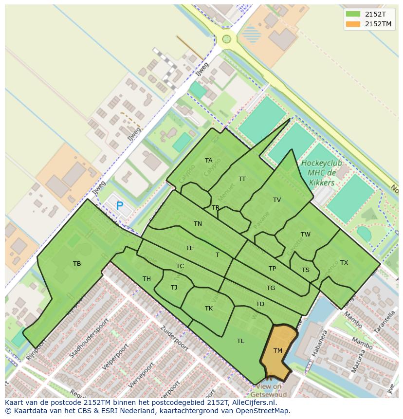 Afbeelding van het postcodegebied 2152 TM op de kaart.