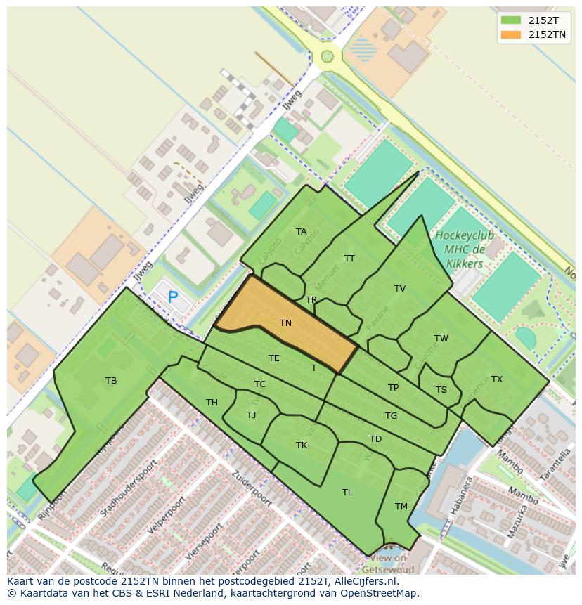Afbeelding van het postcodegebied 2152 TN op de kaart.