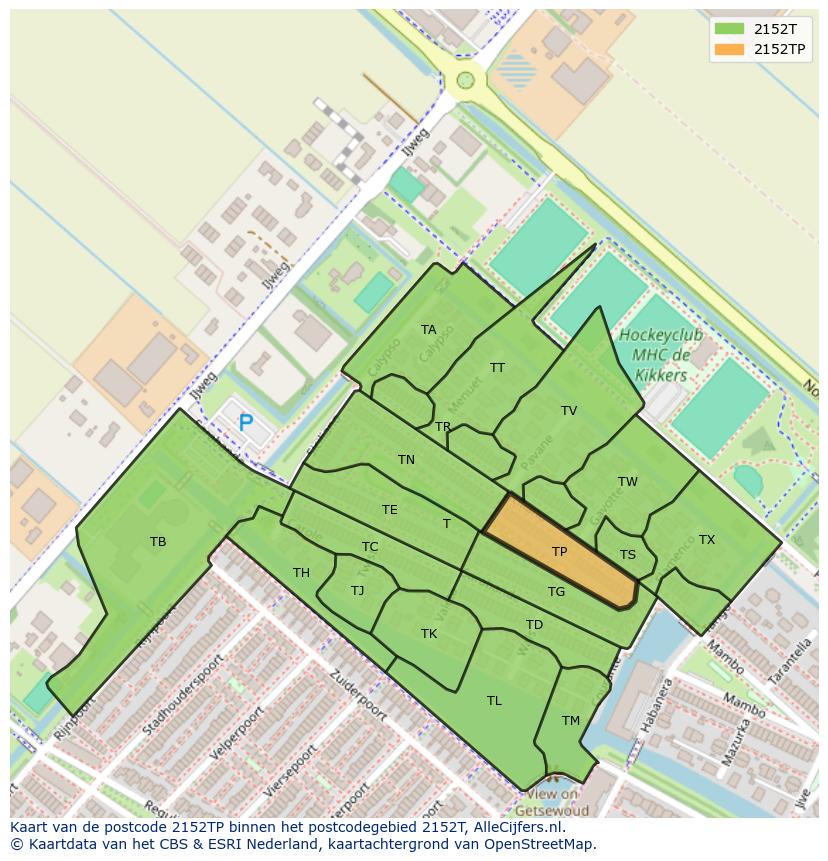 Afbeelding van het postcodegebied 2152 TP op de kaart.
