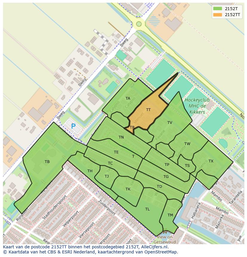 Afbeelding van het postcodegebied 2152 TT op de kaart.