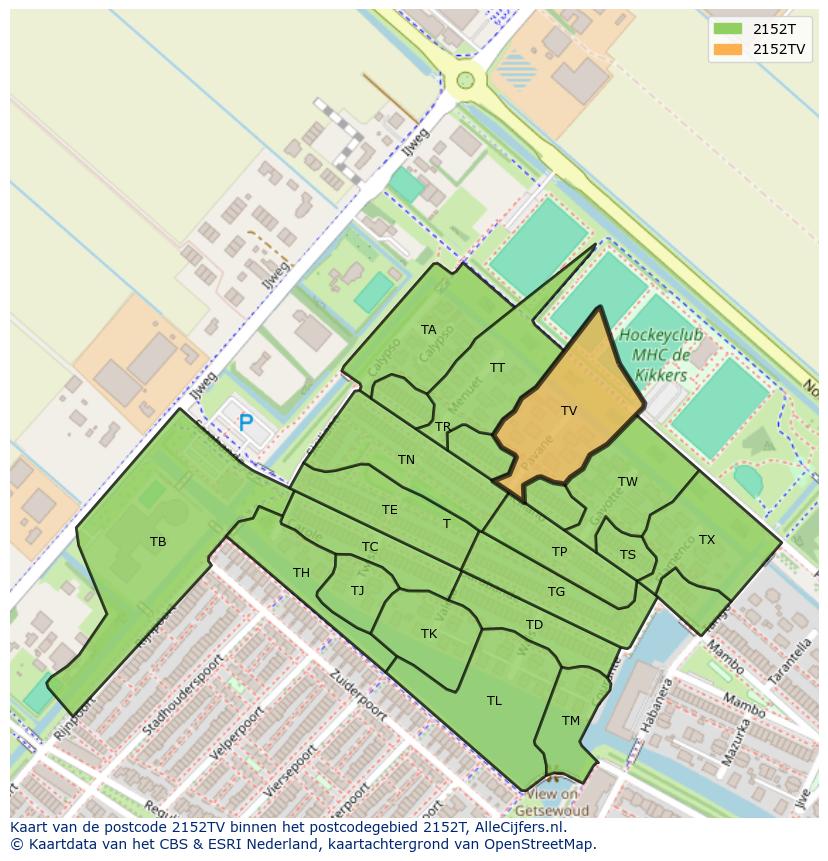 Afbeelding van het postcodegebied 2152 TV op de kaart.