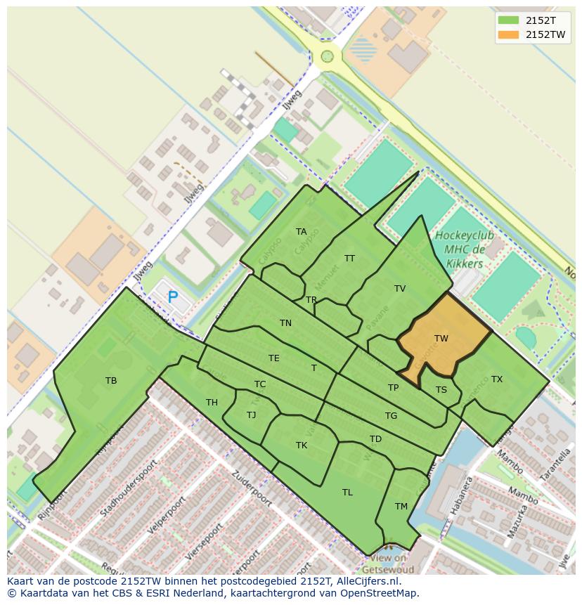 Afbeelding van het postcodegebied 2152 TW op de kaart.