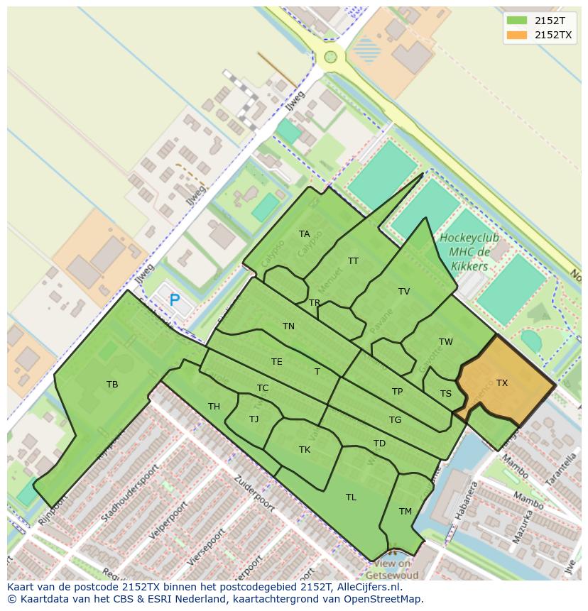 Afbeelding van het postcodegebied 2152 TX op de kaart.
