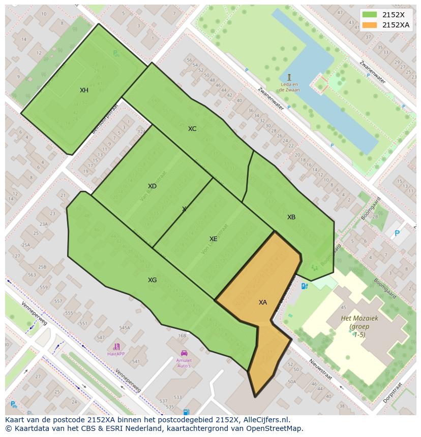 Afbeelding van het postcodegebied 2152 XA op de kaart.