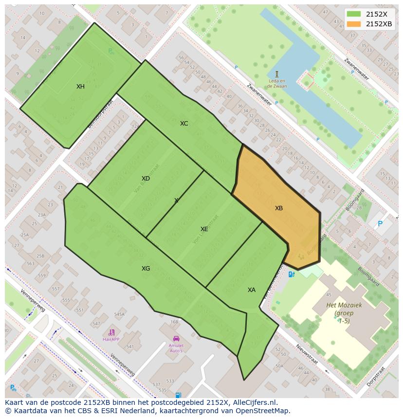 Afbeelding van het postcodegebied 2152 XB op de kaart.