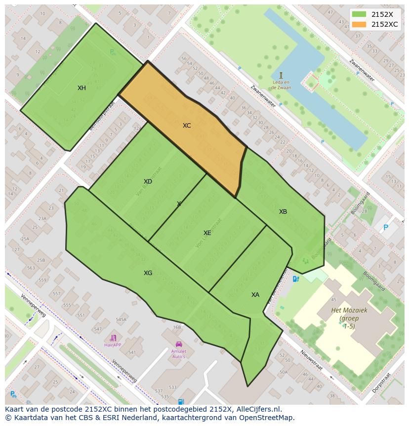 Afbeelding van het postcodegebied 2152 XC op de kaart.