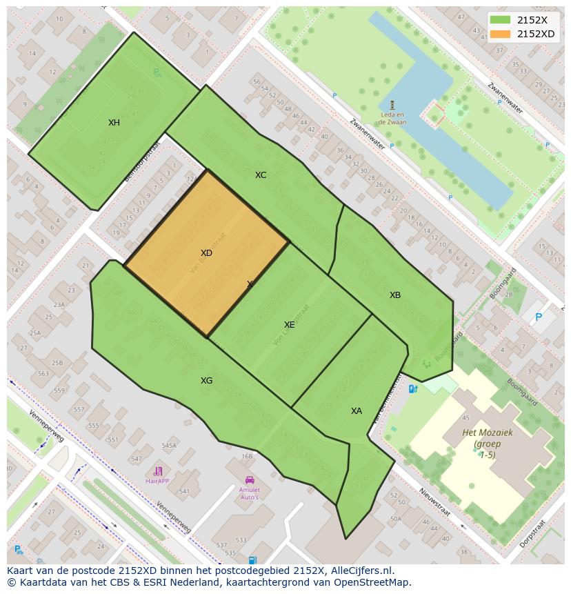 Afbeelding van het postcodegebied 2152 XD op de kaart.