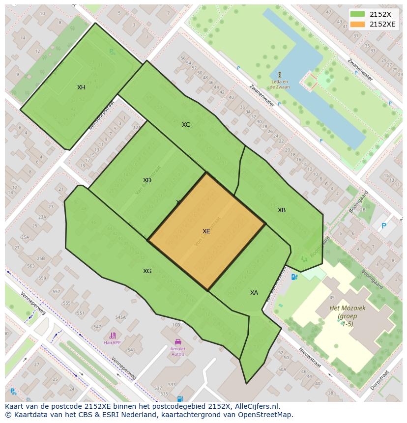 Afbeelding van het postcodegebied 2152 XE op de kaart.