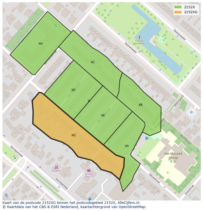 Afbeelding van het postcodegebied 2152 XG op de kaart.