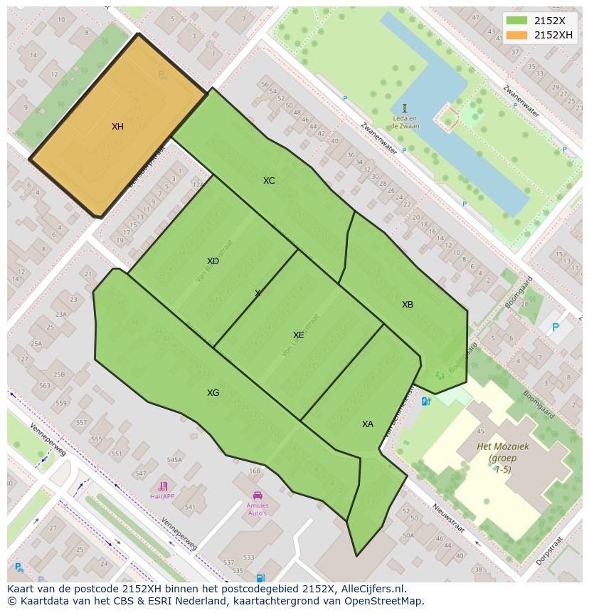 Afbeelding van het postcodegebied 2152 XH op de kaart.