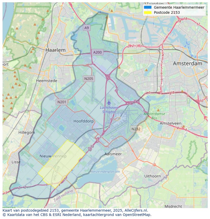 Afbeelding van het postcodegebied 2153 op de kaart.