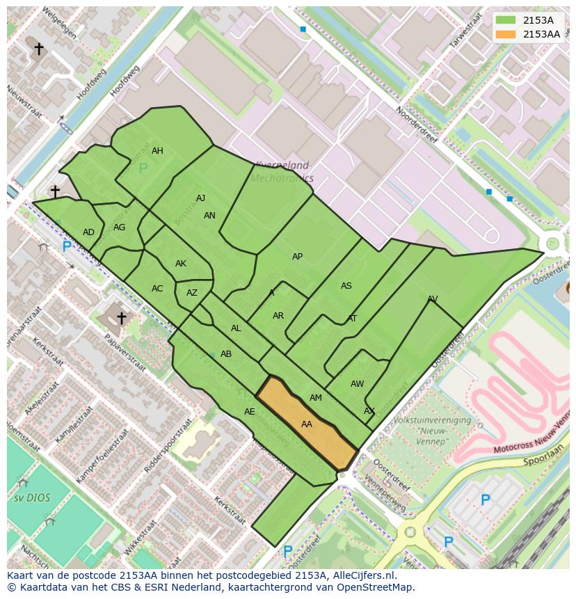 Afbeelding van het postcodegebied 2153 AA op de kaart.