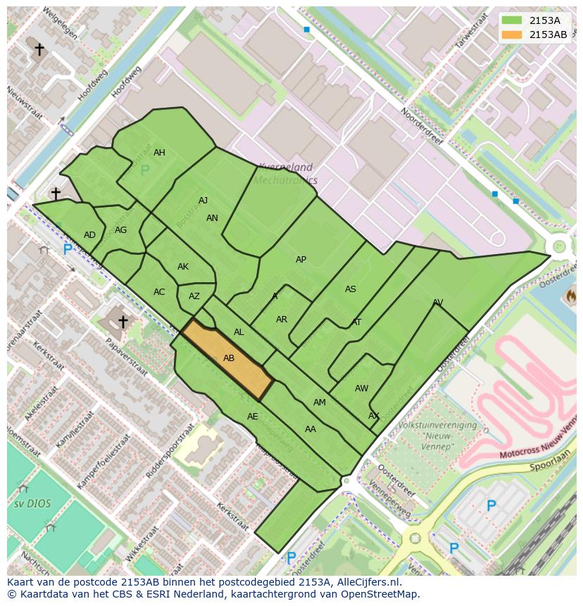 Afbeelding van het postcodegebied 2153 AB op de kaart.