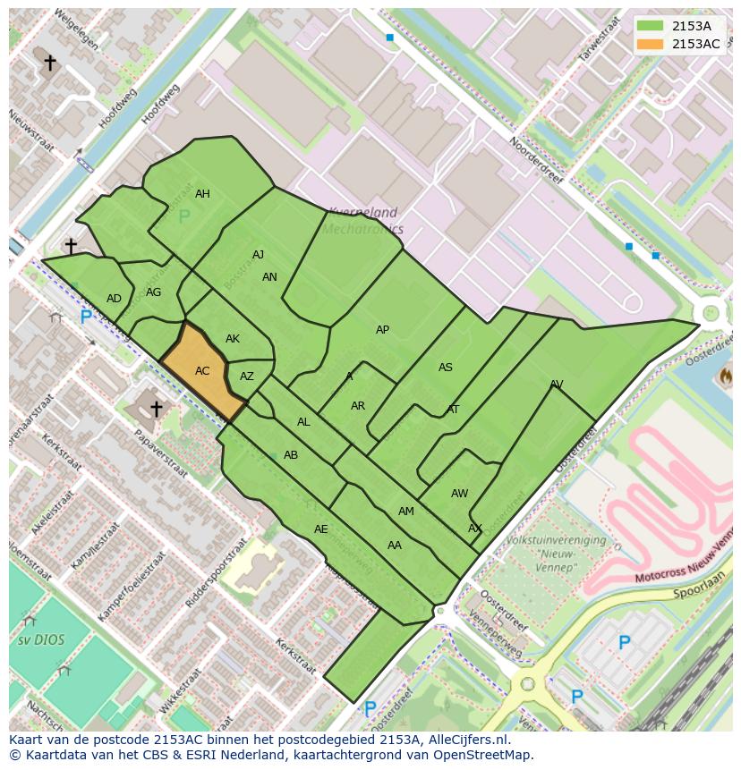 Afbeelding van het postcodegebied 2153 AC op de kaart.
