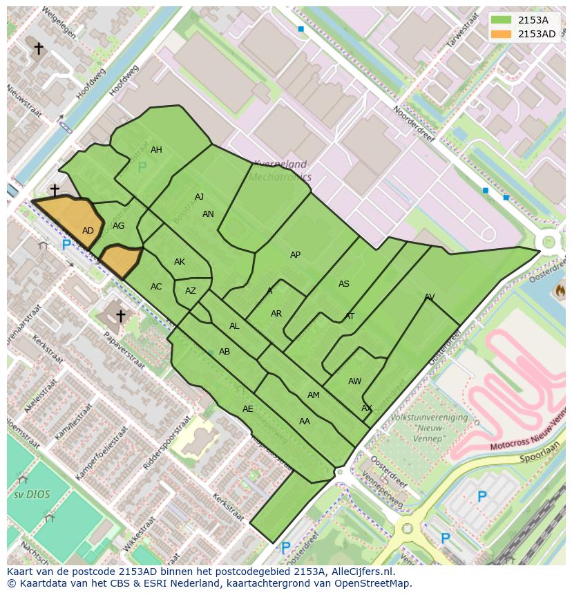 Afbeelding van het postcodegebied 2153 AD op de kaart.