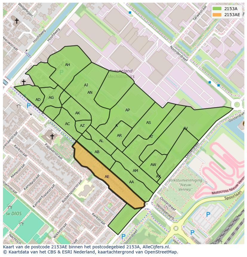 Afbeelding van het postcodegebied 2153 AE op de kaart.