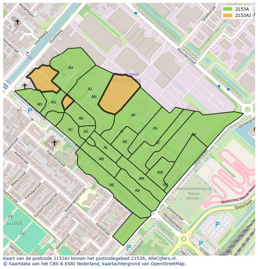 Afbeelding van het postcodegebied 2153 AJ op de kaart.