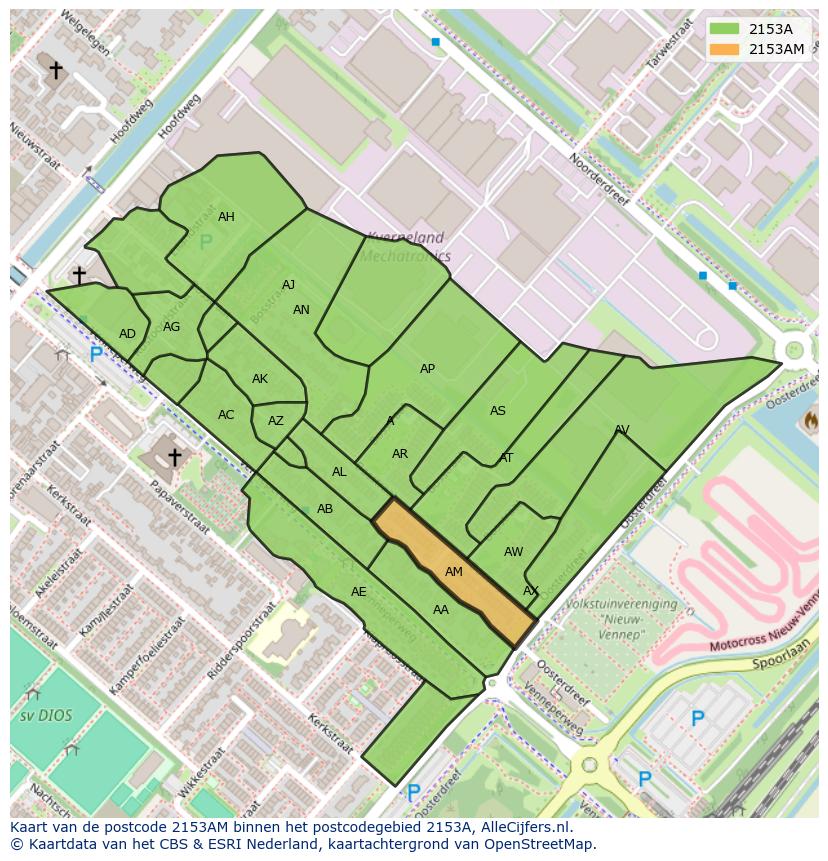 Afbeelding van het postcodegebied 2153 AM op de kaart.