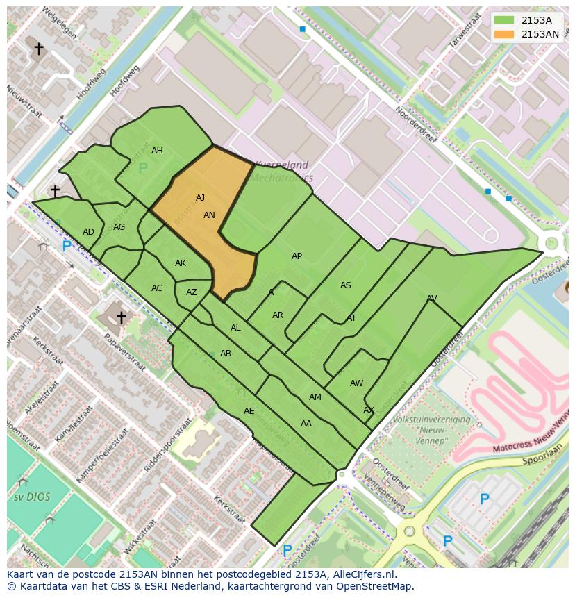 Afbeelding van het postcodegebied 2153 AN op de kaart.