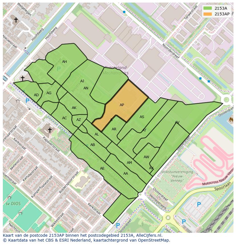 Afbeelding van het postcodegebied 2153 AP op de kaart.