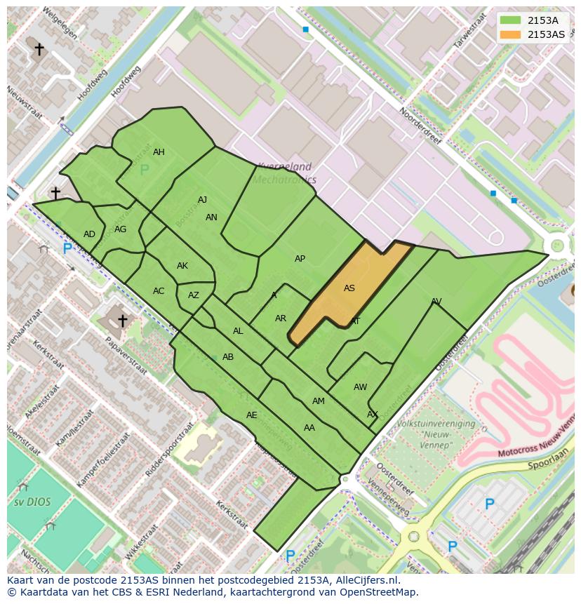 Afbeelding van het postcodegebied 2153 AS op de kaart.