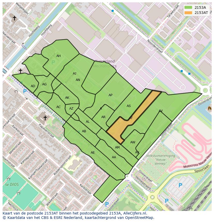 Afbeelding van het postcodegebied 2153 AT op de kaart.