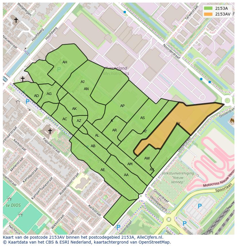 Afbeelding van het postcodegebied 2153 AV op de kaart.