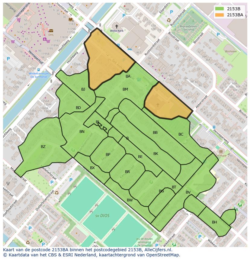 Afbeelding van het postcodegebied 2153 BA op de kaart.