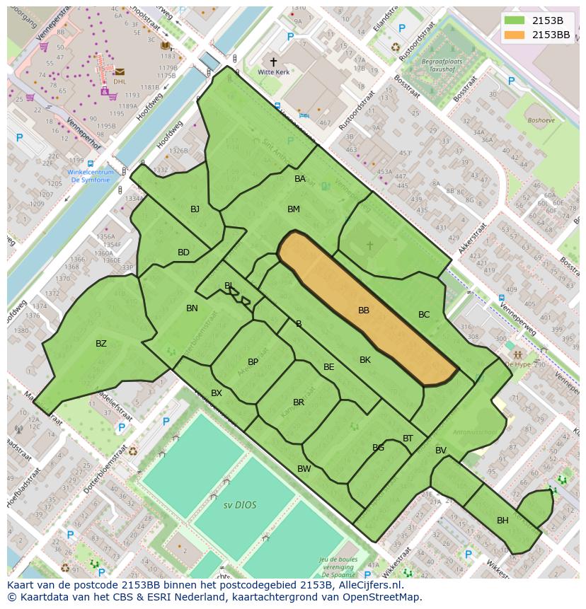 Afbeelding van het postcodegebied 2153 BB op de kaart.