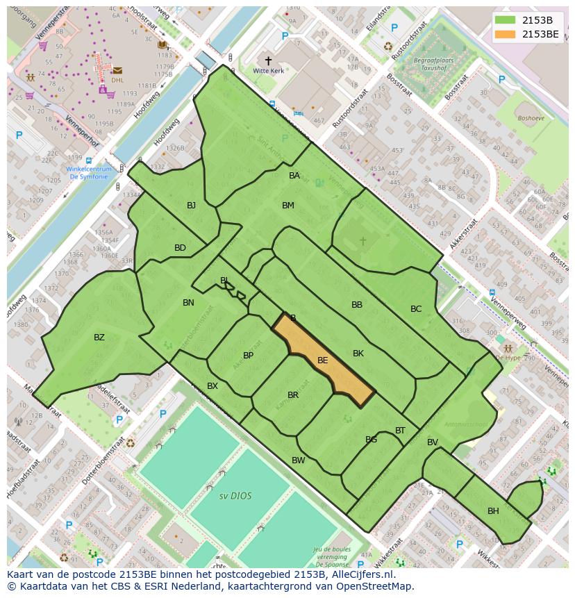 Afbeelding van het postcodegebied 2153 BE op de kaart.
