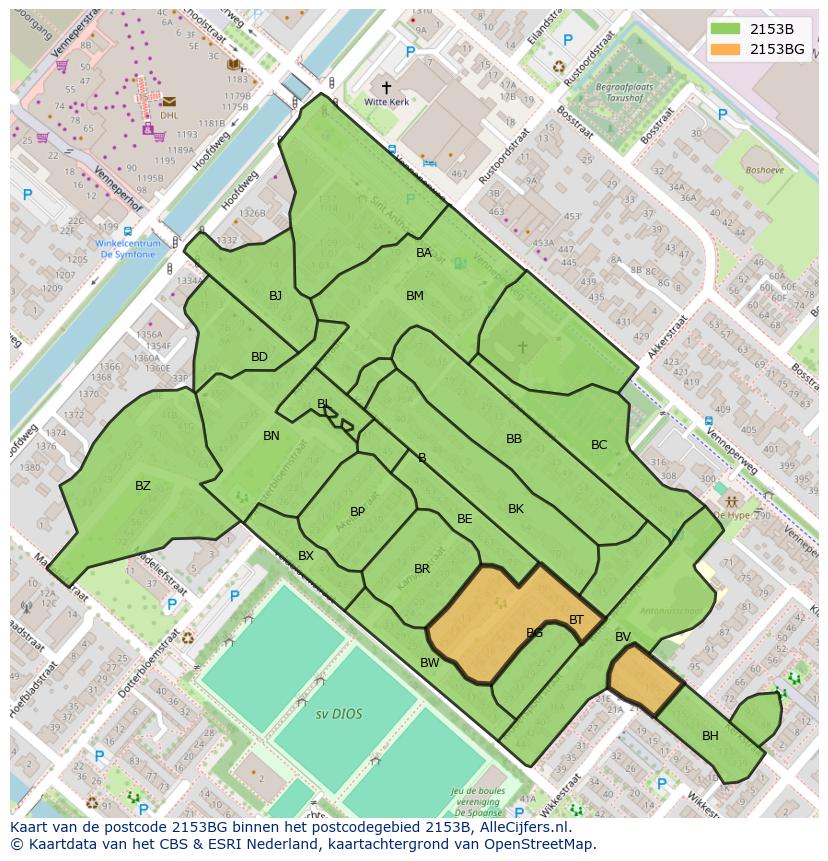 Afbeelding van het postcodegebied 2153 BG op de kaart.