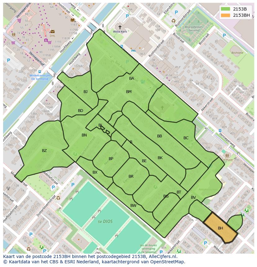 Afbeelding van het postcodegebied 2153 BH op de kaart.