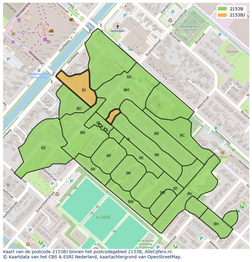 Afbeelding van het postcodegebied 2153 BJ op de kaart.
