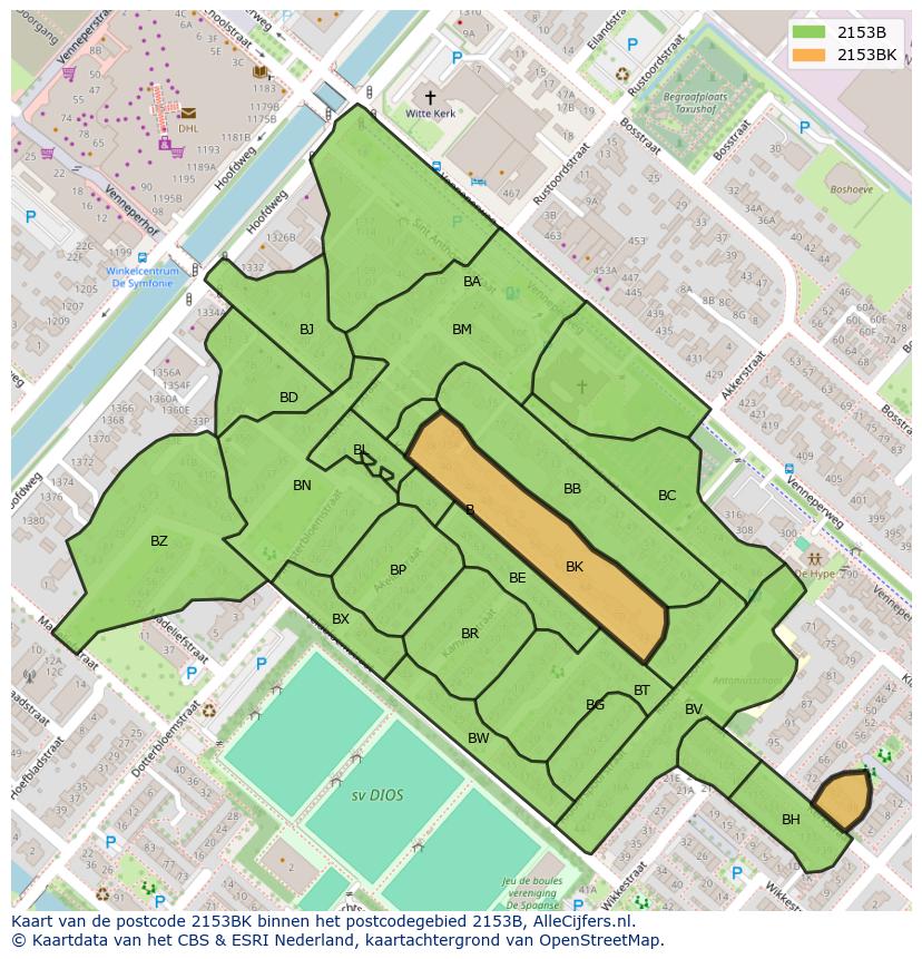 Afbeelding van het postcodegebied 2153 BK op de kaart.