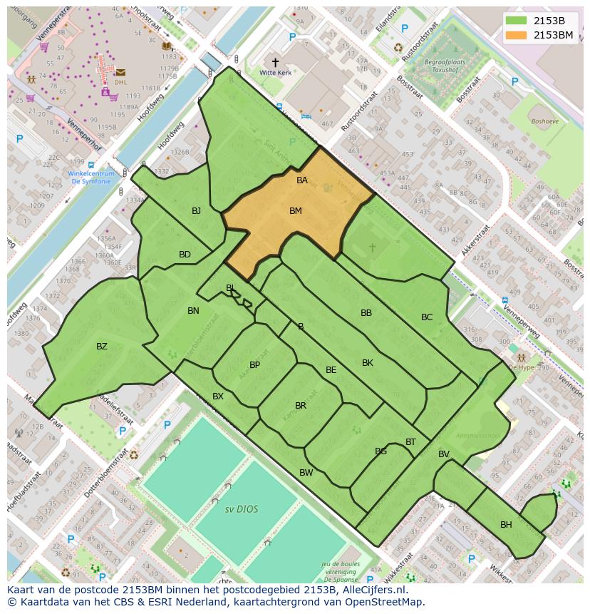 Afbeelding van het postcodegebied 2153 BM op de kaart.