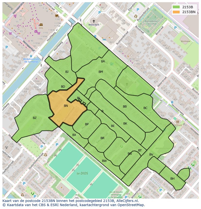 Afbeelding van het postcodegebied 2153 BN op de kaart.