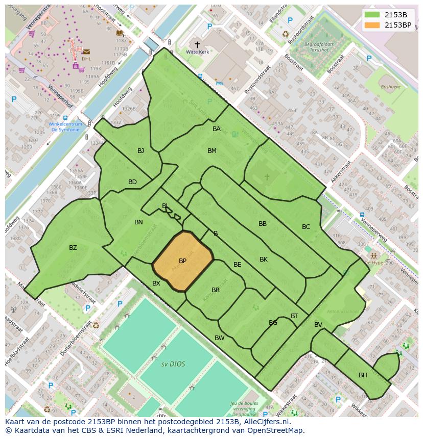 Afbeelding van het postcodegebied 2153 BP op de kaart.