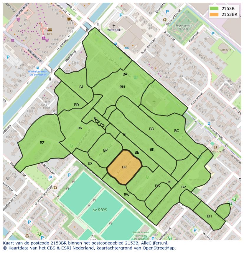 Afbeelding van het postcodegebied 2153 BR op de kaart.