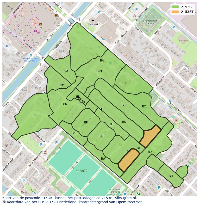 Afbeelding van het postcodegebied 2153 BT op de kaart.