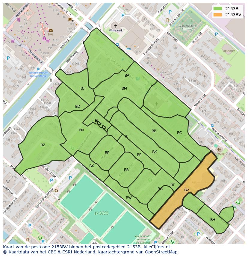 Afbeelding van het postcodegebied 2153 BV op de kaart.