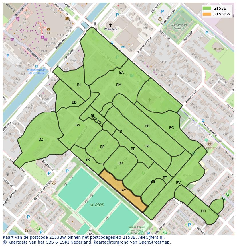 Afbeelding van het postcodegebied 2153 BW op de kaart.