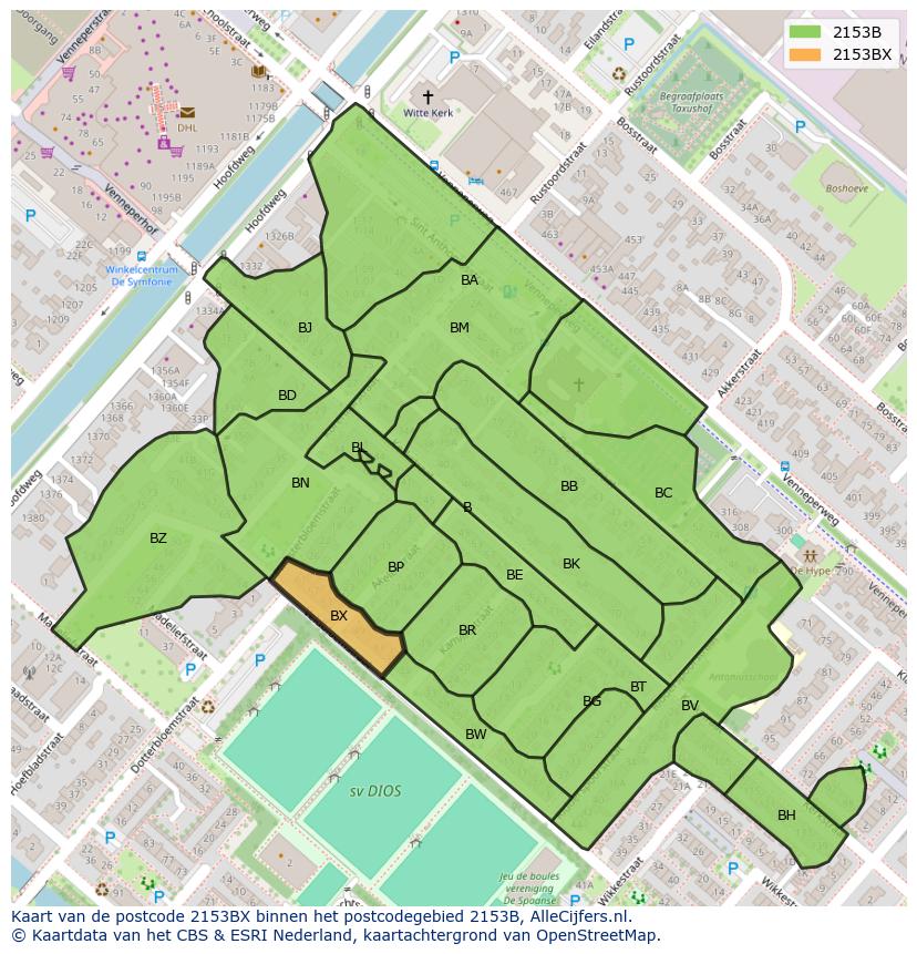 Afbeelding van het postcodegebied 2153 BX op de kaart.